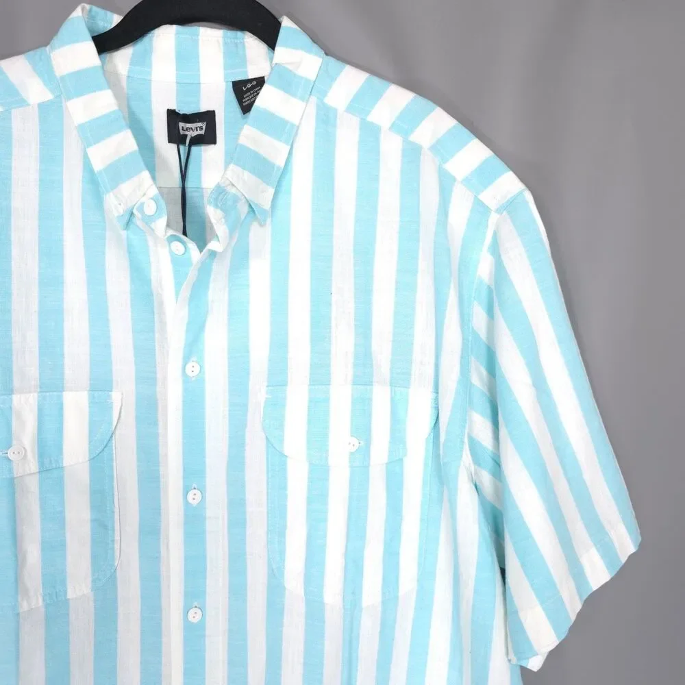 LEVI’S New Blue White Striped Button Shirt Two Horse Patch 100% Cotton Men LARGE